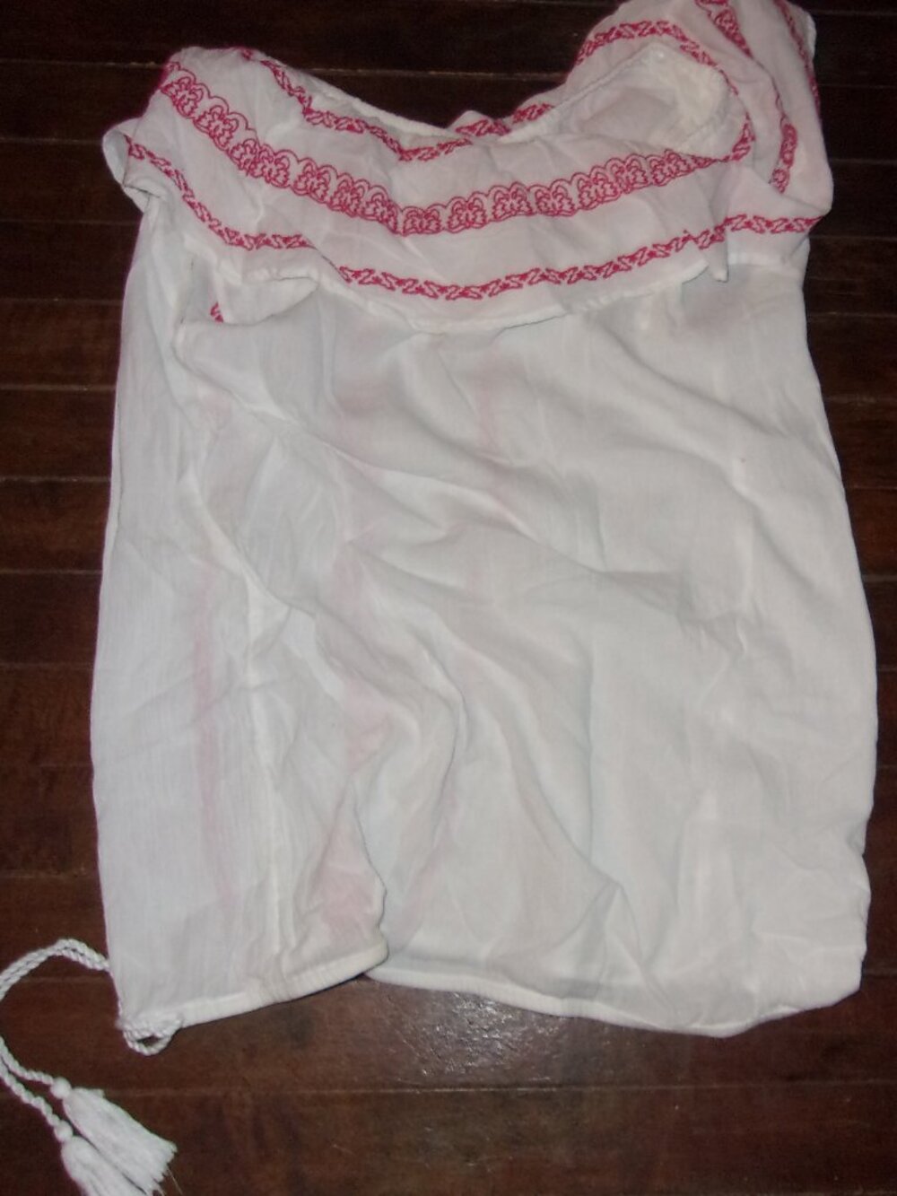 boho Size large womens shirt blouse white casual dress stitched red detail - Picture 4 of 4